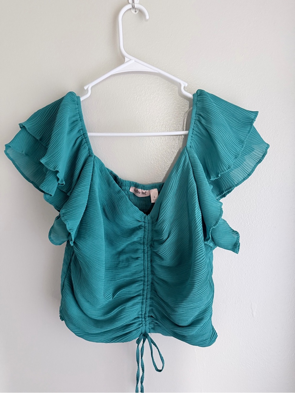 Ruffled Teal Drawstring Blouse with Flutter Sleeves